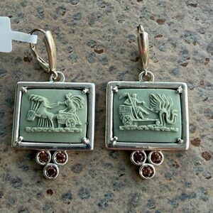 Green Lava Chariot Intaligo Cameo & Whiskey Zircons Earrings